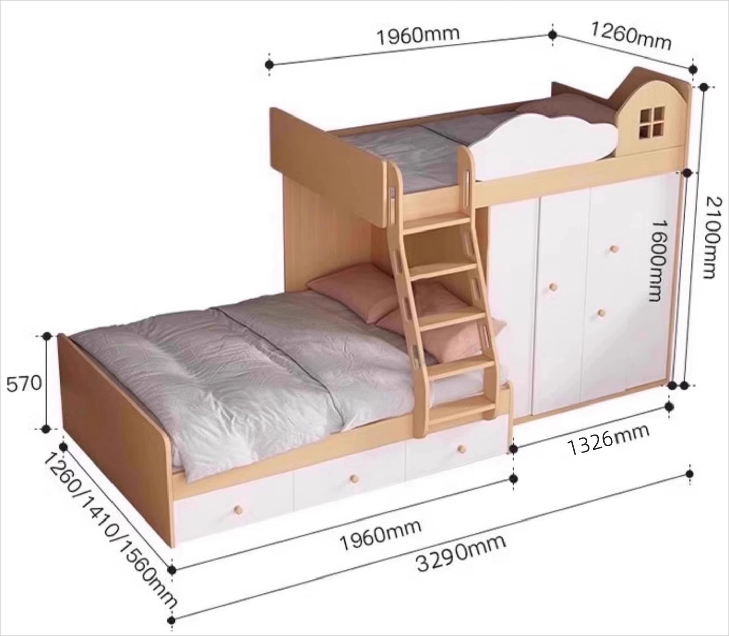 Elegant Kids Bunk Bed with Storage and Cloakroom, Sturdy Wooden Frame, Multiple Sizes