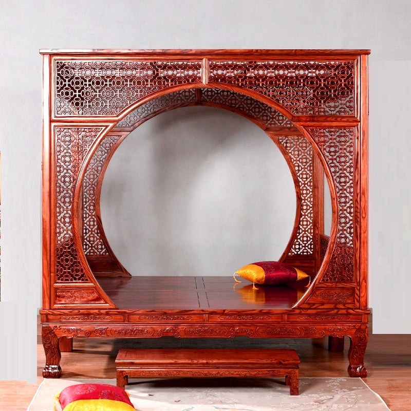 Traditional Chinese Canopy Bed – Antique-Style Carved Rosewood Step Bed in Red Pear or Wood