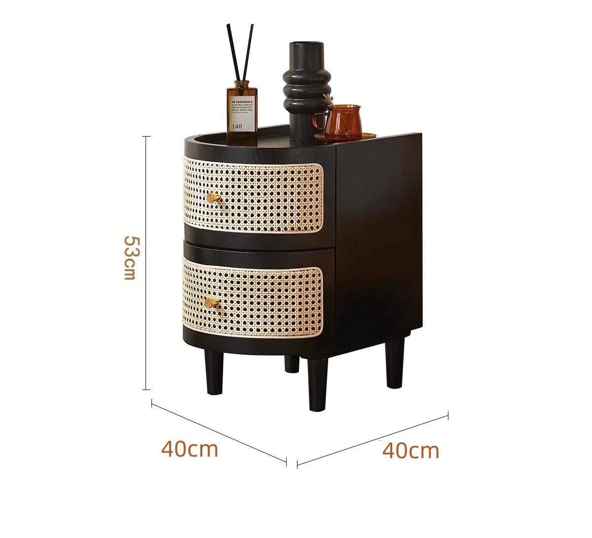 Vintage Japanese-Style Bedside Table – Solid Wood Nightstand with Rattan Design for Bedroom Storage