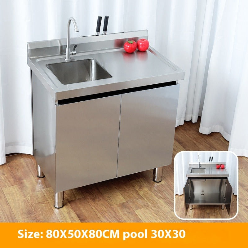 Stainless Steel Prep & Checkout Table – Integrated Sink, Workstation & Storage Cabinet for Kitchen or Retail Use
