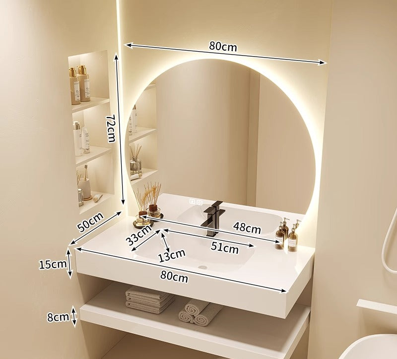 Cream-Style Bathroom Vanity – Seamless Sintered Stone & Ceramic Basin Set with Smart LED Half-Round Mirror