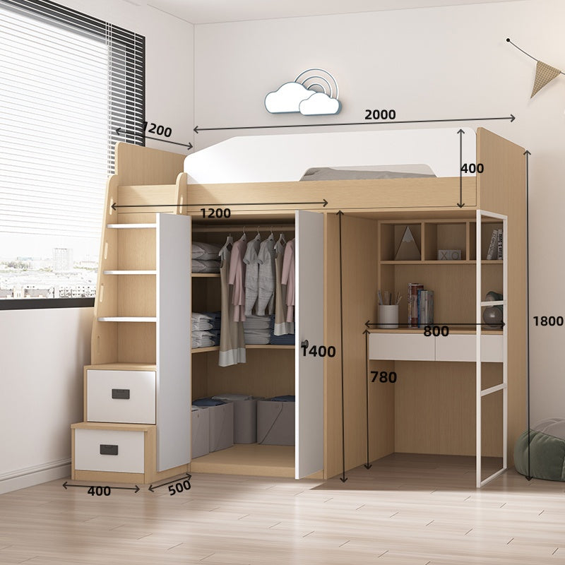 Elegant Kids High-Top Tatami Bed with Wardrobe, Desk, and Ladder Cabinet - New