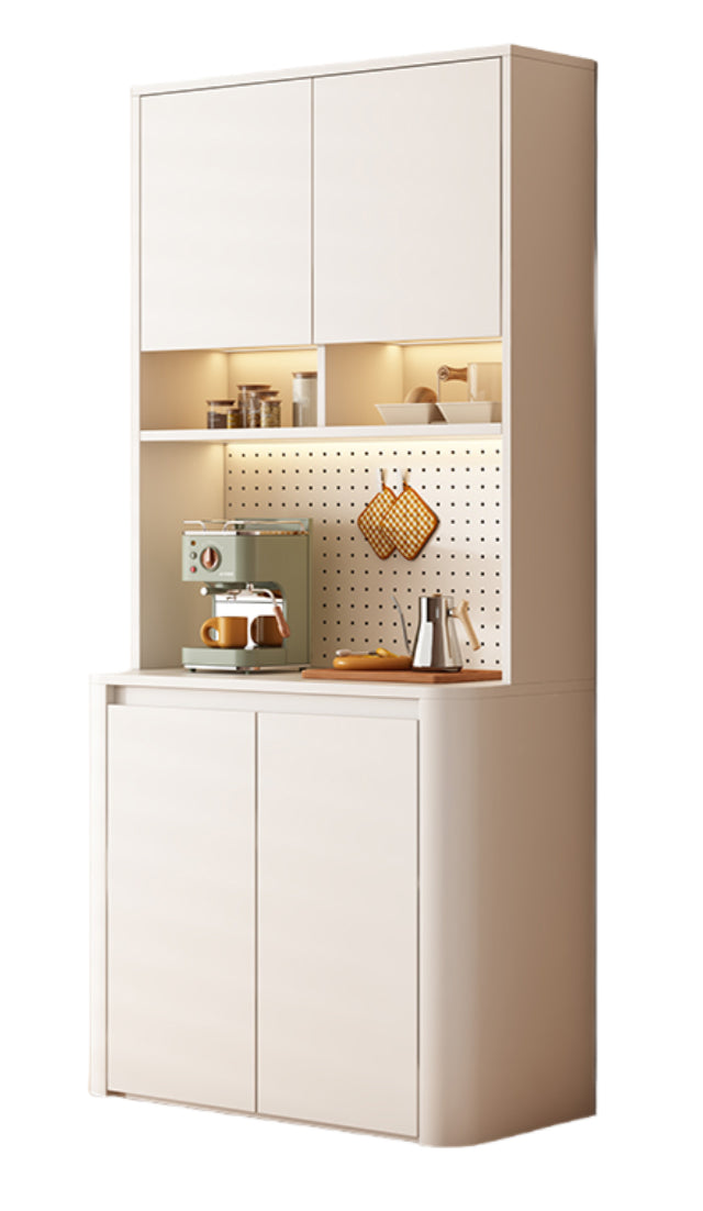 Cream-Style Rounded Corner Sideboard – Wall-Mounted Wooden Wine & Storage Cabinet with Pegboard for Kitchen or Living Room