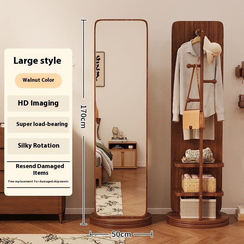 Rotating Full-Length Mirror with Coat Rack – Freestanding Dressing Mirror with Hooks and Wheels for Bedroom Use