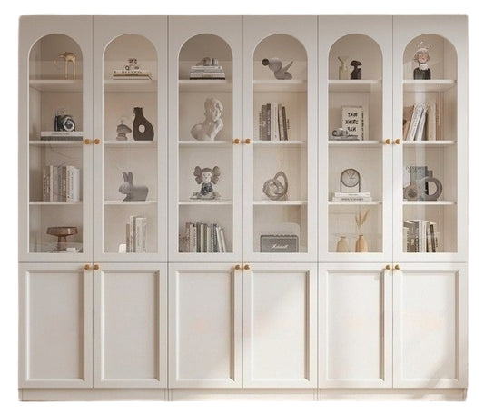 Custom Solid Wood Arched Display Cabinet – Wall-Mounted Dustproof Bookshelf with Glass Doors for Living Room