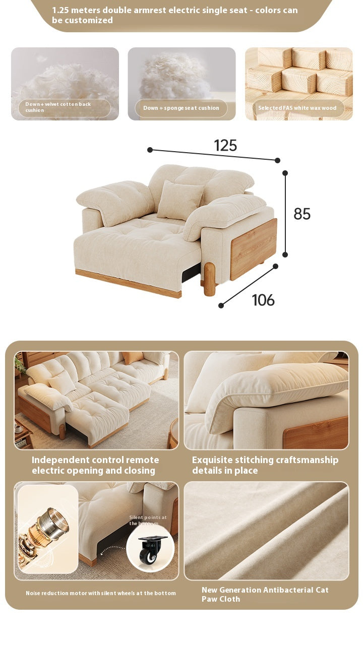 Electric Extendable Fabric Sofa Bed in Japandi Cream Style with Wood Frame for Small Living Rooms