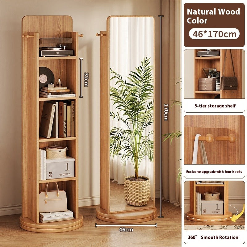 Rotating Full-Length Mirror with Coat Rack – Freestanding Dressing Mirror with Hooks and Wheels for Bedroom Use