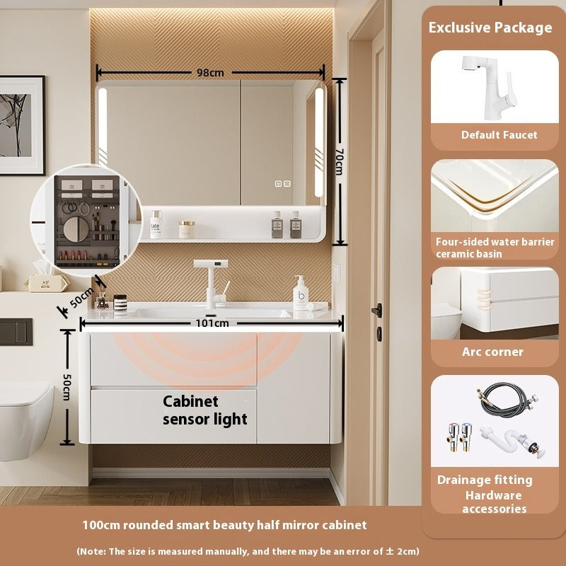 Cream-Style Oak Bathroom Vanity – Ceramic Integrated Basin Cabinet Set for Modern Bathrooms