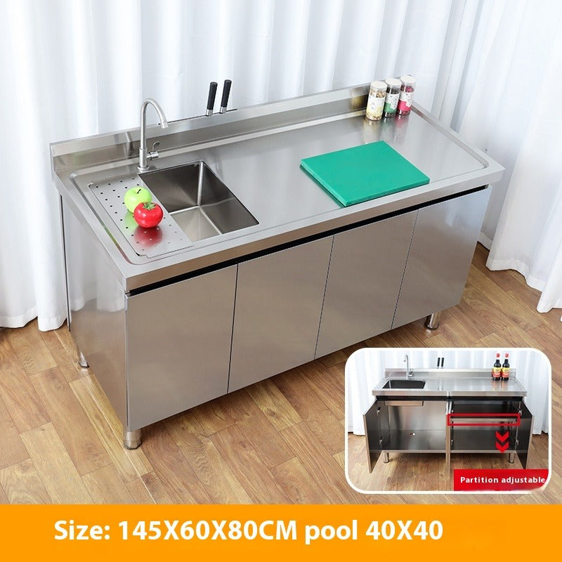 Stainless Steel Prep & Checkout Table – Integrated Sink, Workstation & Storage Cabinet for Kitchen or Retail Use