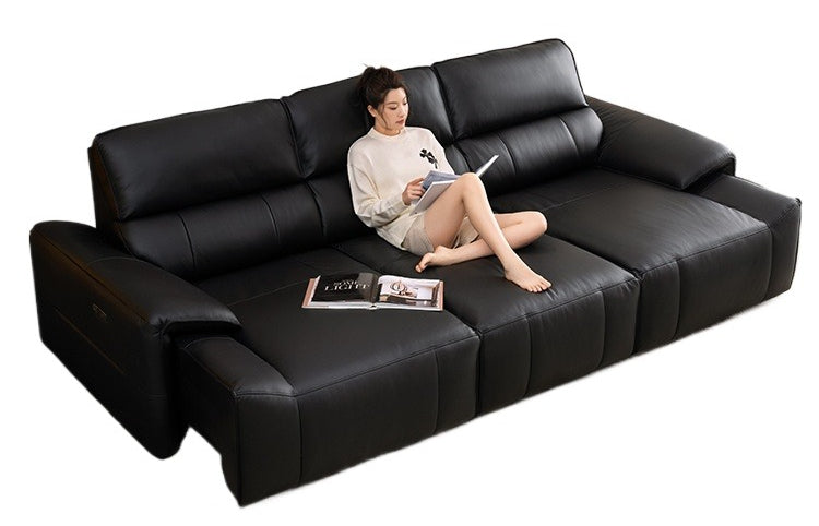 Elegant Midnight Black Faux Leather Reclining Sofa Bed with 3 Motorized Seats and Power Outlet