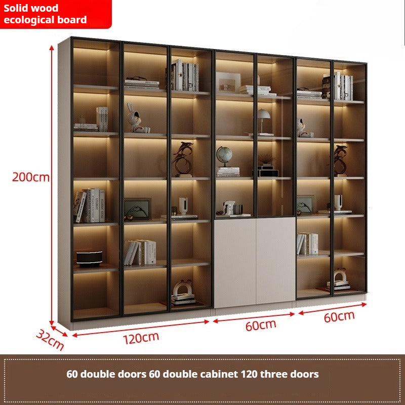 Custom Full-Wall Chinese Bookshelf – Solid Wood Display Cabinet with Glass Doors & Thick Reinforced Back Panel