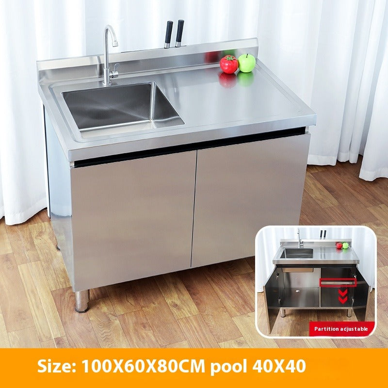 Stainless Steel Prep & Checkout Table – Integrated Sink, Workstation & Storage Cabinet for Kitchen or Retail Use