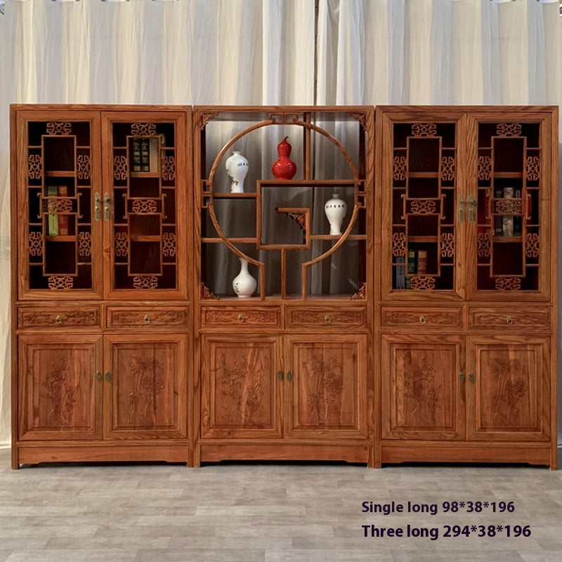 Chinese-Style Elm Wood Bookshelf – Antique Solid Wood Storage Cabinet for Living Room, Study & Office, No Glass Doors