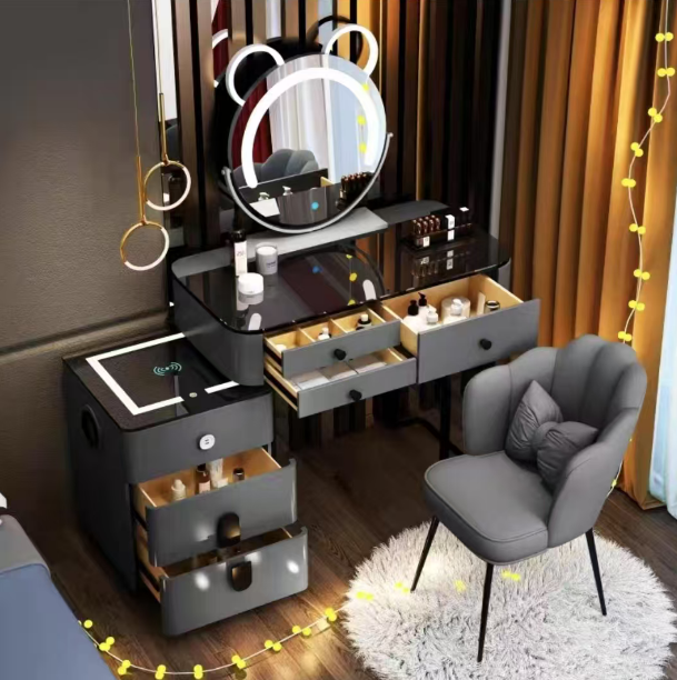 Smart Vanity Table with Wireless Charging & LED Mirror – Modern Minimalist Design, Includes Storage & Stool