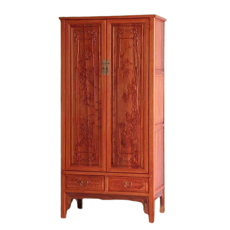 Chinese-Style Solid Wood Wardrobe – 2-Door Carved Armoire with Top Cabinet for Bedroom Storage