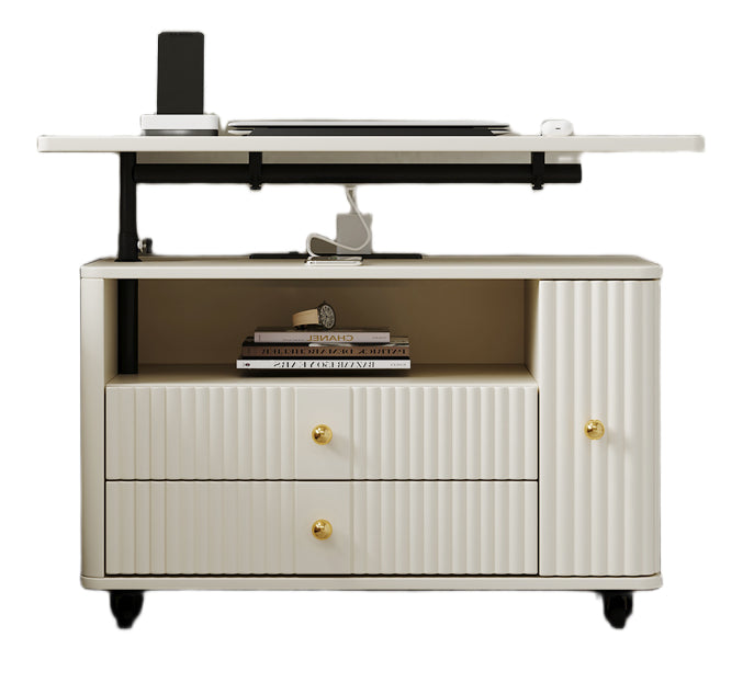 Adjustable Mobile Bedside Table – Cream-Style Multifunction Storage Rack & Laptop Desk with Solid Wood Panels