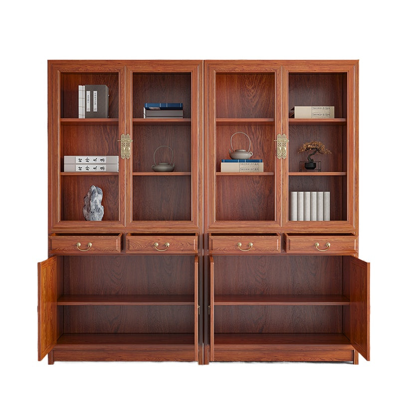 Chinese-Style Solid Wood Bookshelf - Elm Carved Storage Cabinet with Doors for Study or Office