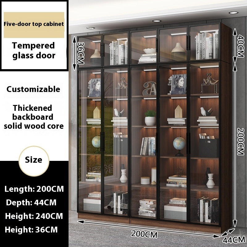 Custom Full-Wall Solid Wood Bookshelf – Floor-to-Ceiling Display Cabinet with Glass & Solid Doors for Study Room