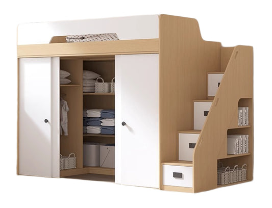 Elegant Full-Size Loft Bed with Desk and Wardrobe, Half-Height, High-Quality Wood Finish