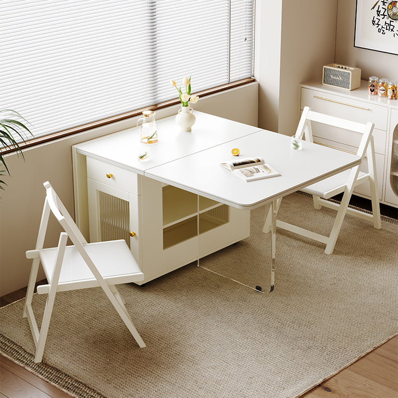 Cream Style Foldable Dining Table with Sintered Stone Top & Storage for Small Homes