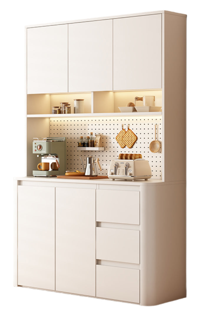 Cream-Style Rounded Corner Sideboard – Wall-Mounted Wooden Wine & Storage Cabinet with Pegboard for Kitchen or Living Room