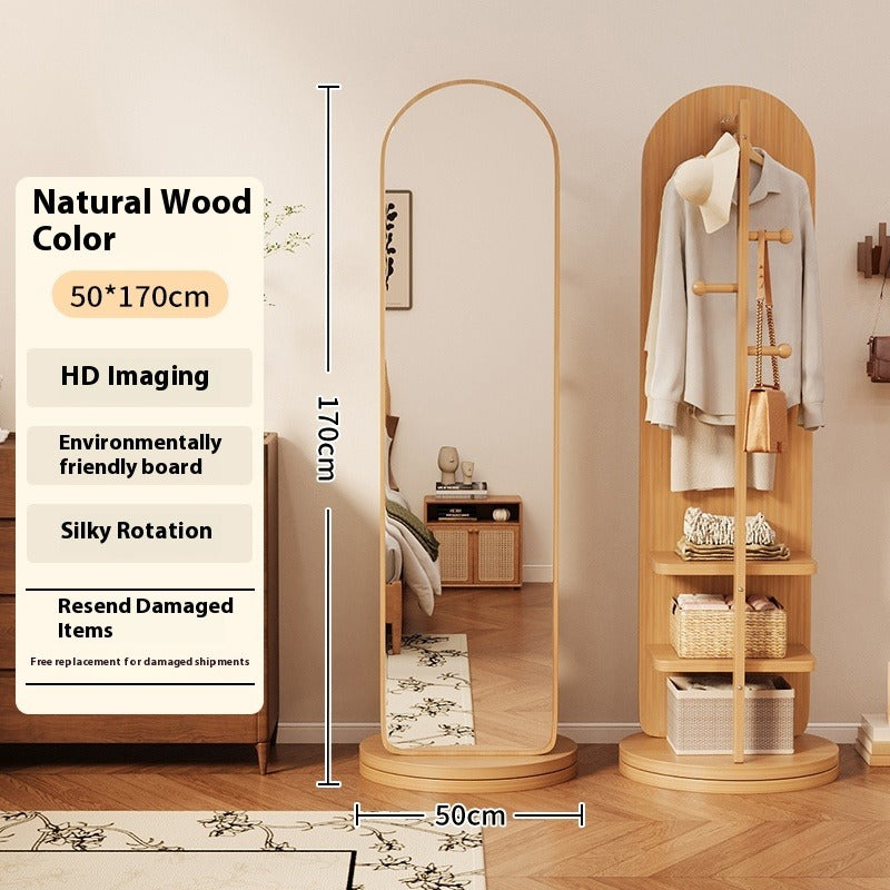 Rotating Full-Length Mirror with Coat Rack – Freestanding Dressing Mirror with Hooks and Wheels for Bedroom Use