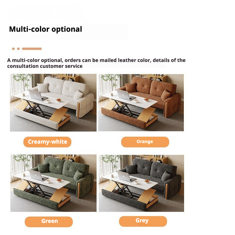 Vintage Cream Convertible Sofa Bed - Solid Wood Frame with Electric Lift Table (Coir Mattress, Space-Saving)