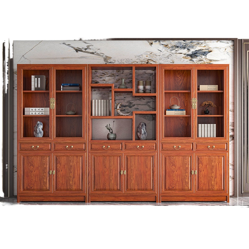 Chinese-Style Solid Wood Bookshelf - Elm Carved Storage Cabinet with Doors for Study or Office