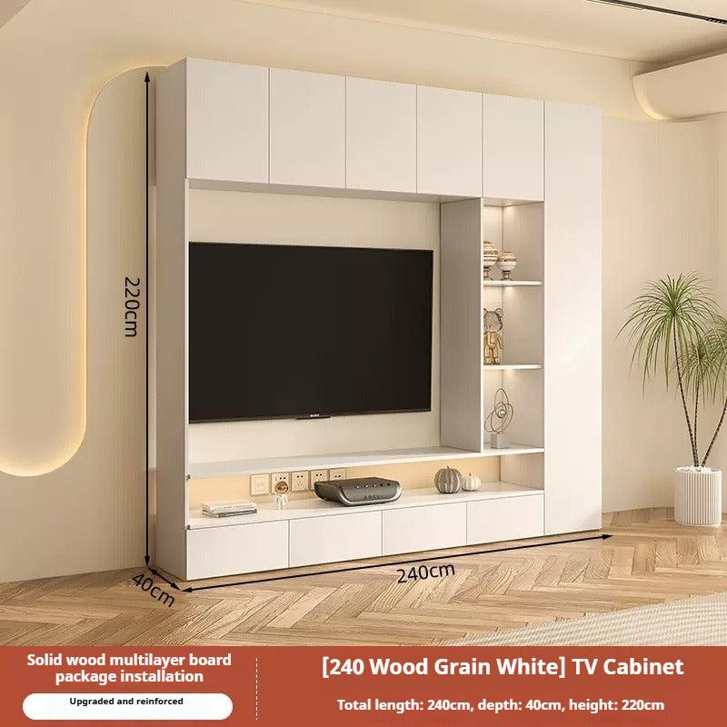 Solid Wood TV Cabinet Set – Cream-Style All-in-One Media Wall Unit with Storage for Living Room