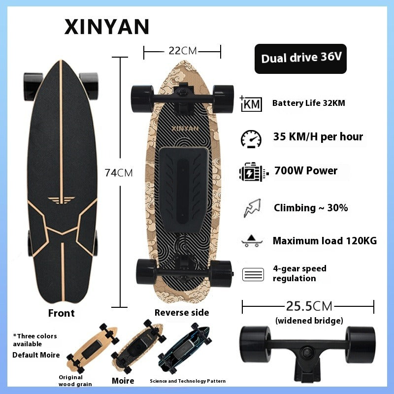 4WD Electric Skateboard with Dual Motors, 36V 700W, 35KM/H Top Speed, 700W Power, 120KG Max Load, 4-Speed, Splash-Proof Deck, Remote Control, New