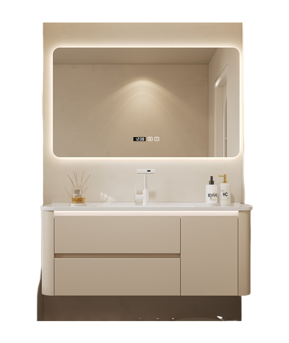Custom All Designs - Cream-Style Bathroom Vanity Set – Integrated Ceramic Basin with Smart Multi-Function Mirror Cabinet