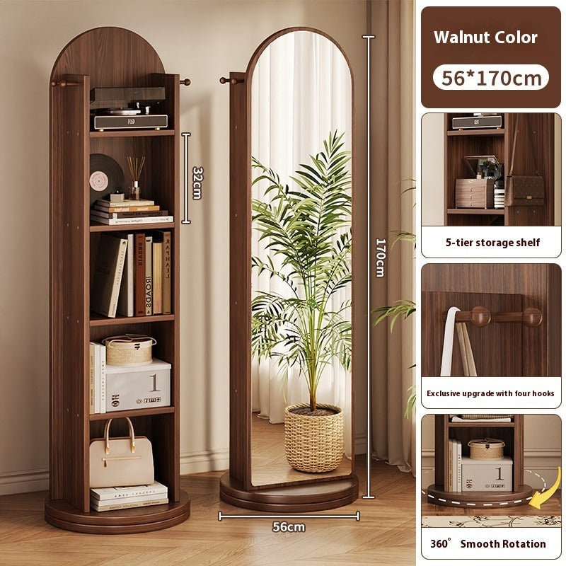 Rotating Full-Length Mirror with Coat Rack – Freestanding Dressing Mirror with Hooks and Wheels for Bedroom Use