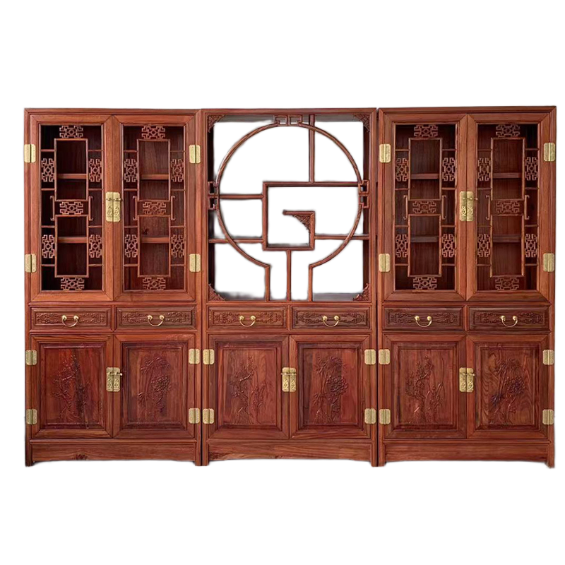 Chinese-Style Elm Wood Bookshelf – Antique Solid Wood Storage Cabinet for Living Room, Study & Office, No Glass Doors