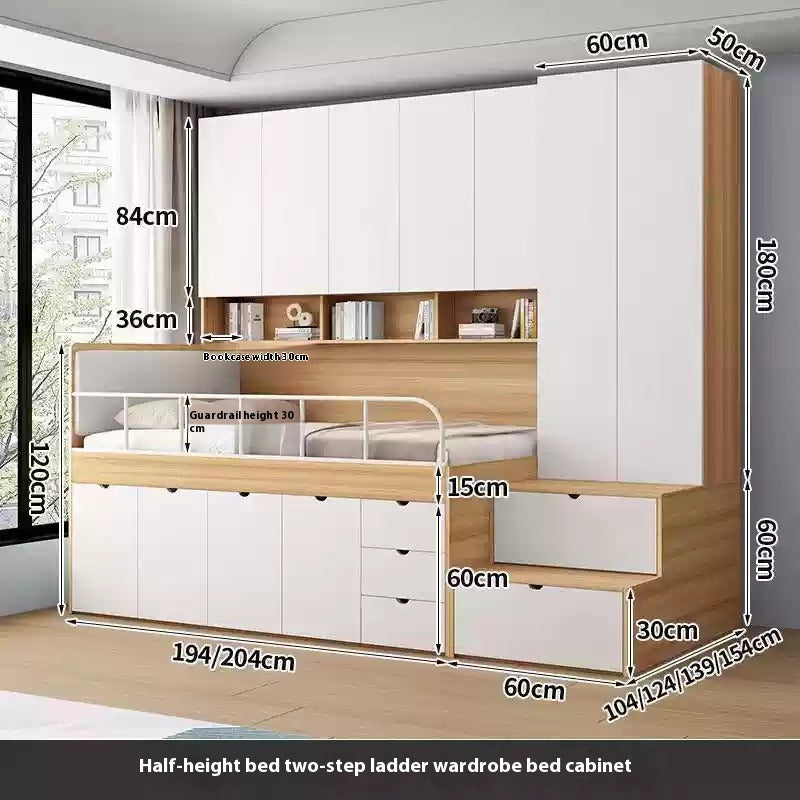 Elegant Multi-Functional Half-Height Bed with Integrated Wardrobe and Bookshelf