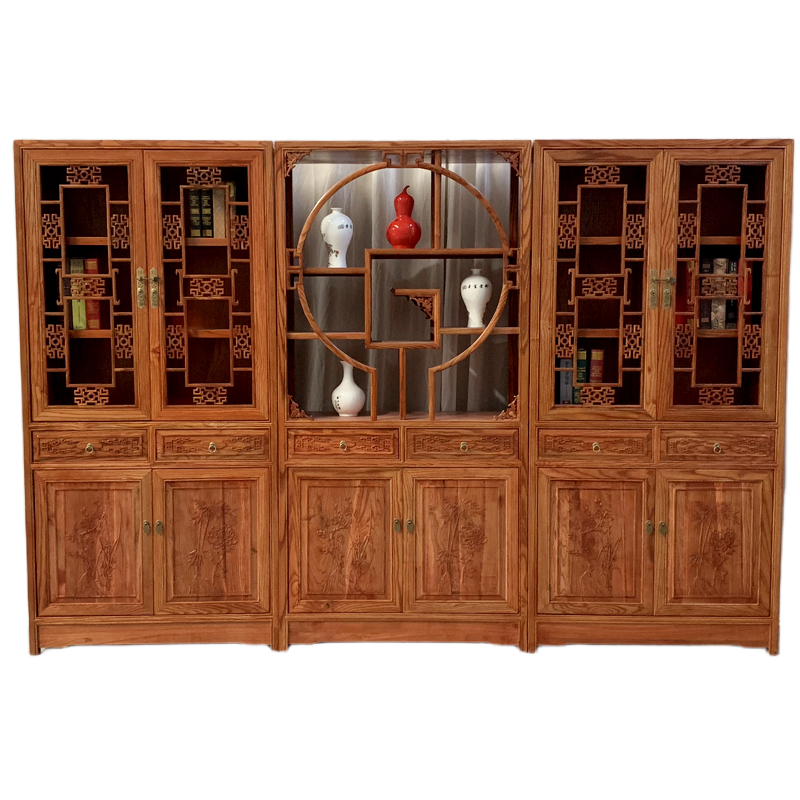 Chinese-Style Elm Wood Bookshelf – Antique Solid Wood Storage Cabinet for Living Room, Study & Office, No Glass Doors