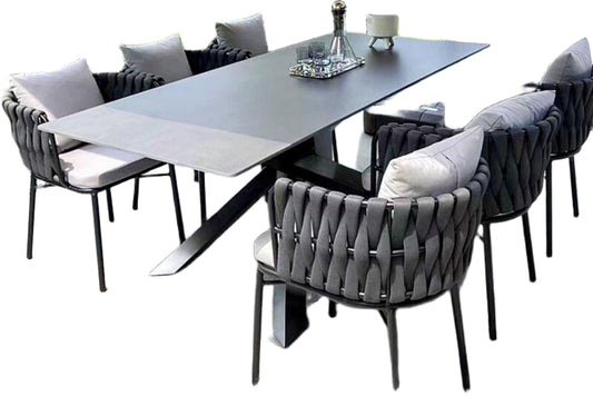 Outdoor Patio Rattan Chair & Sintered Stone Dining Table Set for Villa, Garden & Balcony