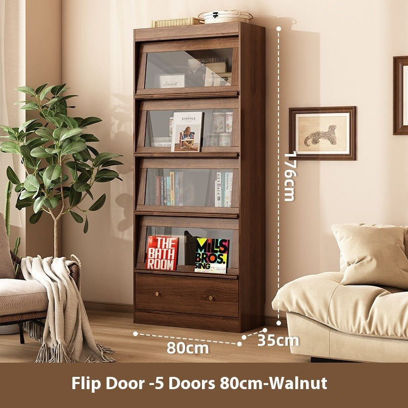 Walnut Glass Door Bookshelf with LED – Modular Dustproof Floor Cabinet for Home Display & Storage