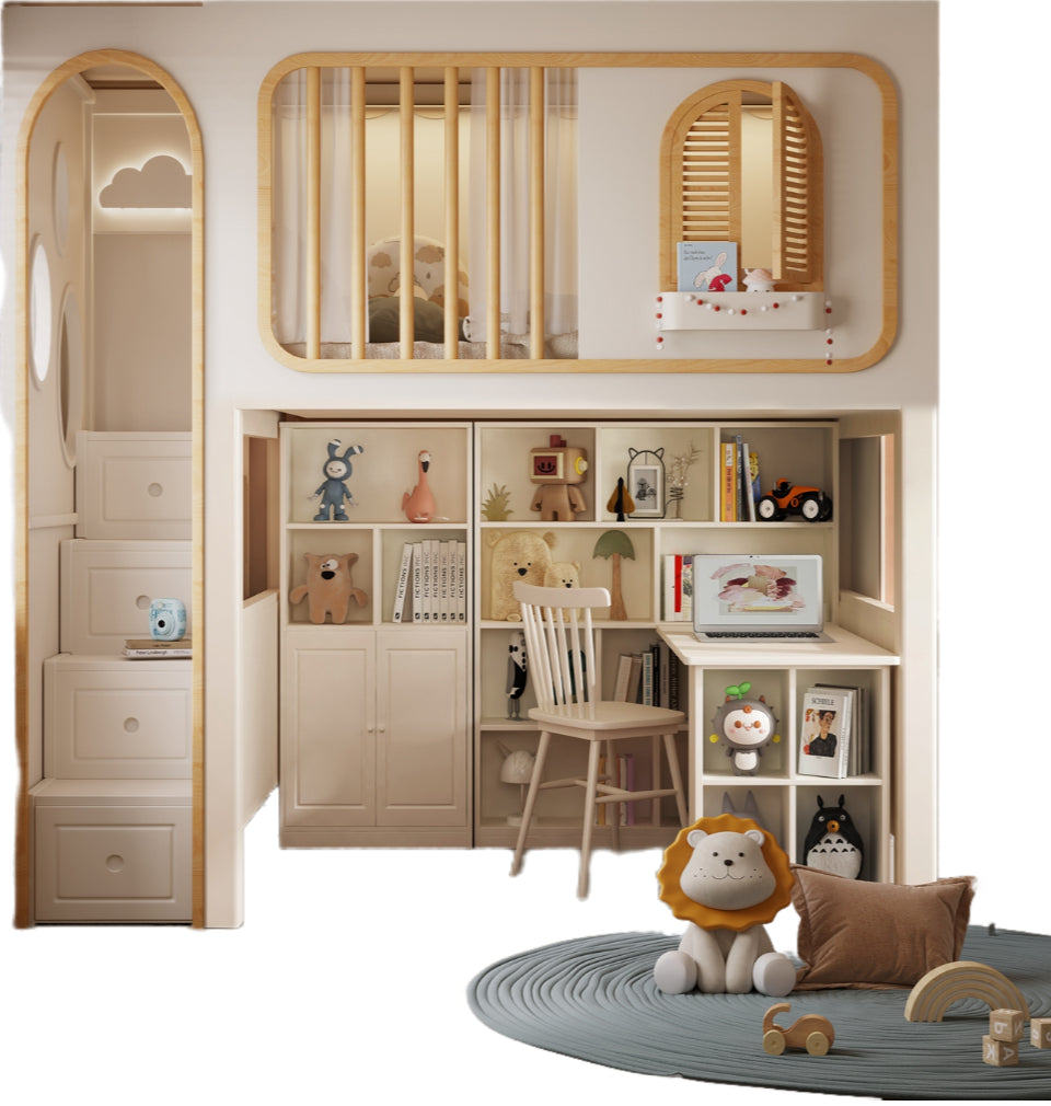 Elegant Customizable Treehouse Bunk Bed with Desk, Wardrobe, Bookshelf, Slide, Staircase, and Archway - Mattress Included