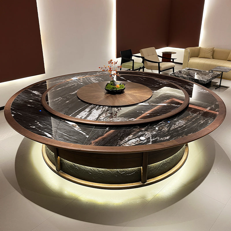 Electric Round Dining Table with Marble Lazy Susan & Solid Wood Base in Modern Chinese Style
