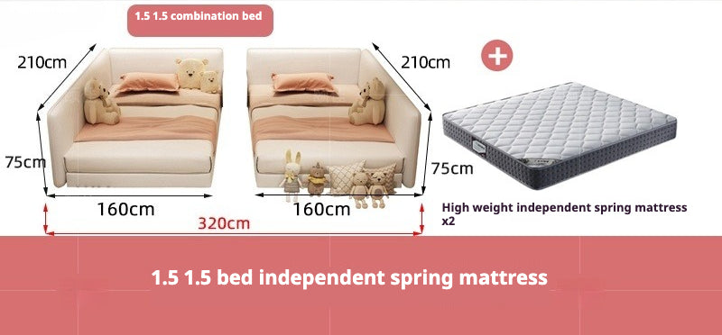 Tatami Family Bed with Two-Child Combo and Fabric Platform for Four-Person Family - High-Quality Spring Mattress