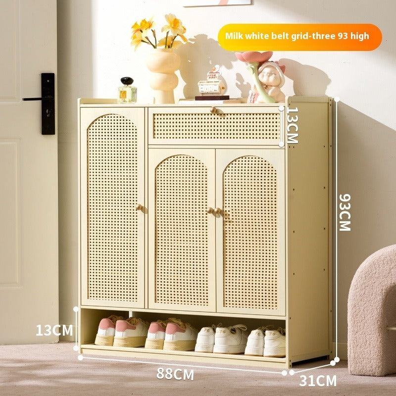 Cream-Style Entryway Shoe Cabinet – All-in-One Ventilated Storage with Mesh Doors for Living Room Divider Use