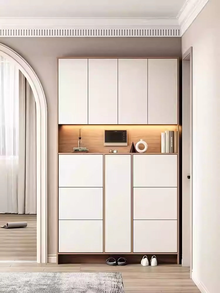 Custom Solid Wood Slim Flip-Drawer Shoe Cabinet – Tall Wall-Mounted Entryway Unit for Home