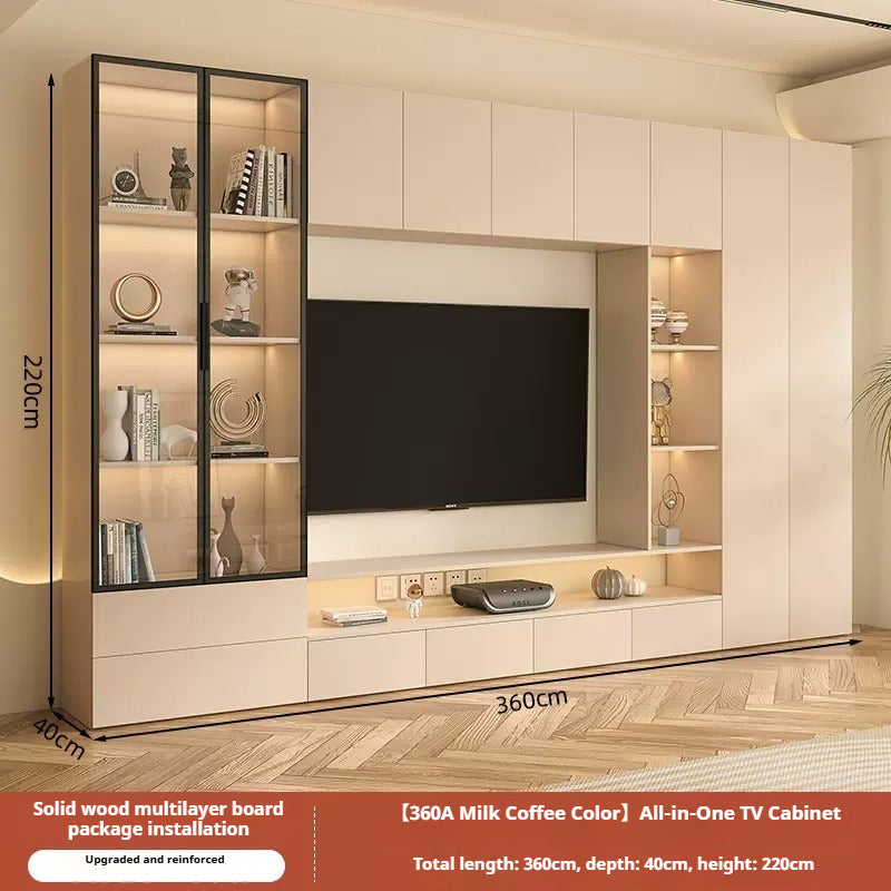 Solid Wood TV Cabinet Set – Cream-Style All-in-One Media Wall Unit with Storage for Living Room