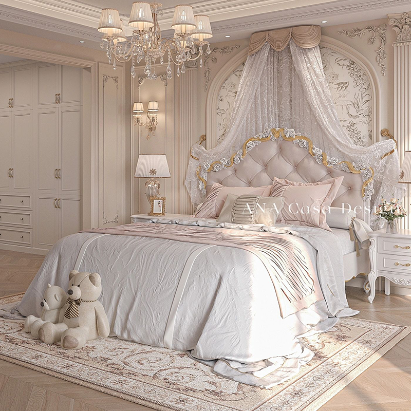 Elegant French-Style Solid Wood Princess Bed with Carved Details for Master Bedroom