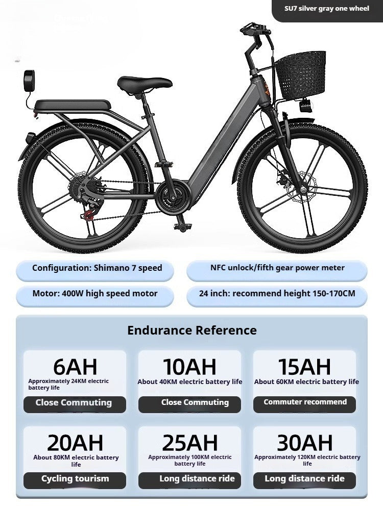 24" Magnesium Alloy E-Bike with NFC, 7-Speed, Torque Sensor, 6AH/10AH/15AH Battery - New Commuter Electric Scooter