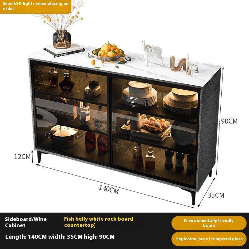 Custom Sintered Stone Sideboard with Sliding Glass Doors – Modern Luxury Cabinet with Motion Sensor Light for Kitchen & Dining