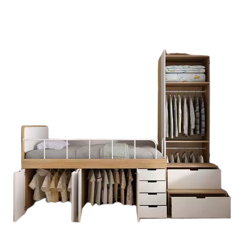 Elegant Multi-Functional Half-Height Bed with Integrated Wardrobe and Bookshelf