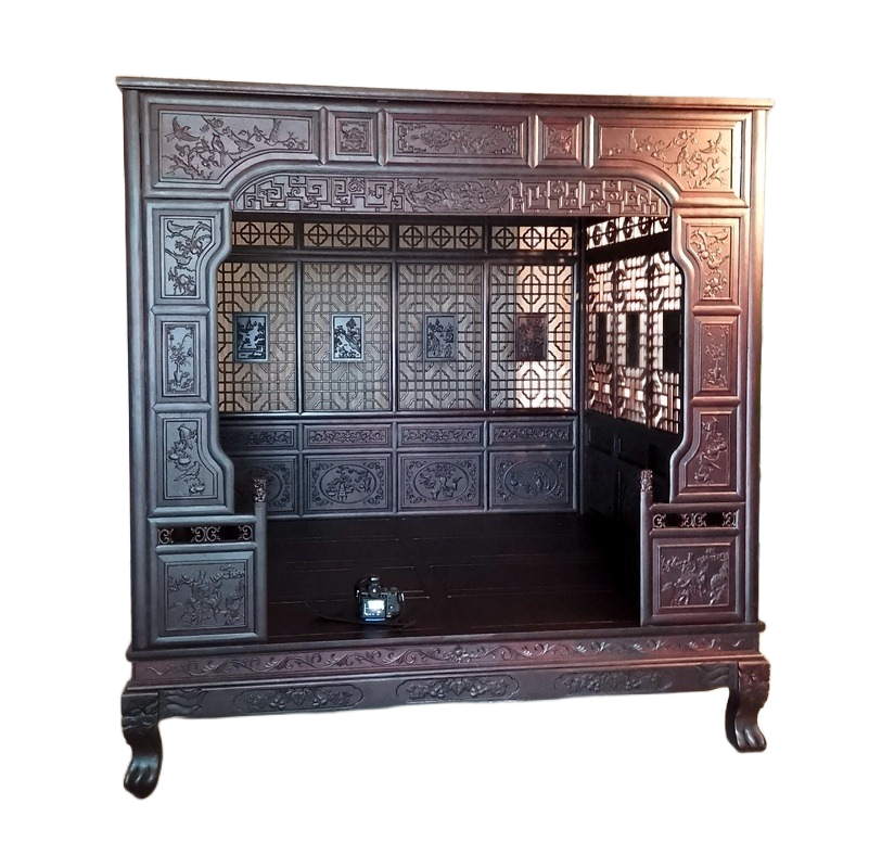 Traditional Chinese Canopy Bed – Antique-Style Carved Rosewood Step Bed in Red Pear or Wood