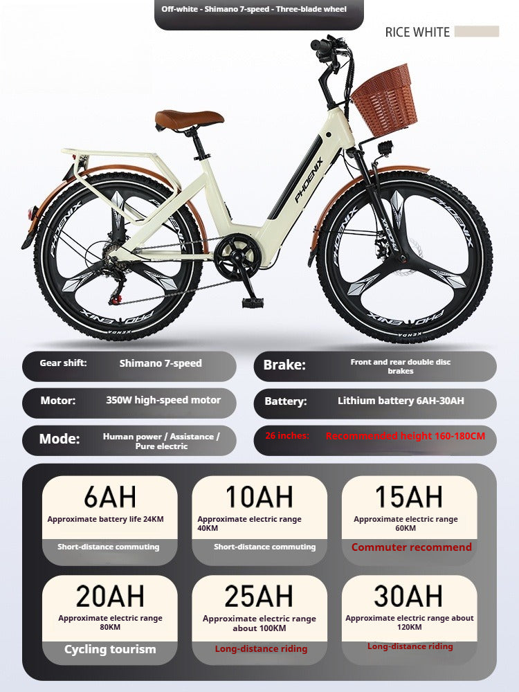Electric Commuter Bike for Adults – 25Ah Lithium Battery, 7-Speed, 3-Spoke Wheels, Pedal Assist