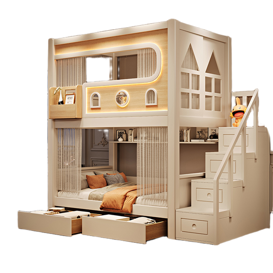 Elegant Solid Wood Bunk Bed with Bookshelf and Ladder - Double Deck, 2000mm Height